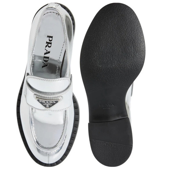 NWOT Prada Metallic Leather 50mm Block Heel Loafers Shoes Silver Women's EU 40 - Picture 2 of 9